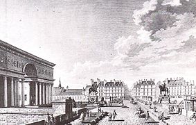 Jacques-Pierre Gisors, arc de triomphe et statue de Louis XVI à l'entrée occidentale de la place Dauphine.