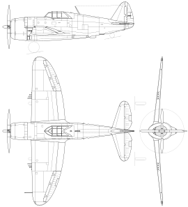 3-view line drawing of the Republic P-47B Thunderbolt