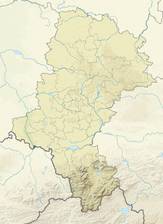 Mapa konturowa województwa śląskiego, w centrum znajduje się punkt z opisem „źródło”, natomiast blisko centrum na lewo znajduje się punkt z opisem „ujście”