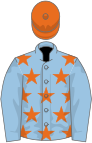 Light blue, orange stars, light blue sleeves, orange cap