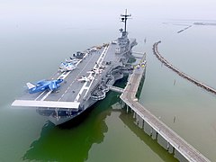 An aerial photo of USS Lexington in Corpus Christi