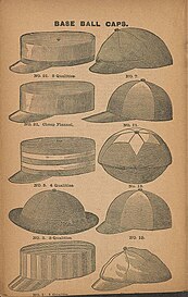 ilustração de diversos tipos de boné que eram usados pelos primeiros times de baseball da história.