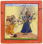 Goddess Bhadrakali, adored by the Gods. Basholi, ca. 1660-70