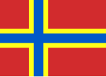 Orkneyöarnas flagga, Skotskt grevskap, officiell 2007. Flaggan symboliserar öarnas Skotska och Norska arv.