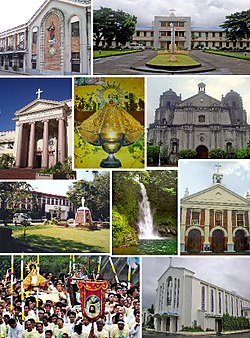 (From top, left to right) Universidad de Santa Isabel, Holy Rosary Seminary, Ateneo de Naga University, Our Lady of Peñafrancia, Naga Metropolitan Cathedral, Naga City Hall, Malabsay Falls, Our Lady of Peñafrancia Shrine, Peñafrancia Festival, Carmelite Monastery