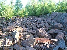 A field of gray and brown rocks with trees in the background.