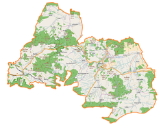 Mapa konturowa gminy Bolków, u góry nieco na lewo znajduje się ikonka zamku z wieżą z opisem „Zamek w Lipie”