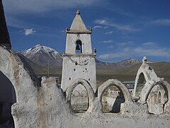 Bell Tower with Cabaray at Santuario de Isluga.jpg