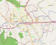 Mapa konturowa Przemyśla, u góry znajduje się punkt z opisem „Lądowisko Przemyśl”