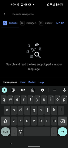 Namespaces (user, help, and portal) appended to search bar in Android App