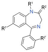 alt= مخطط التركيب الكيميائي لحلقة البنزين منصهرة إلى حلقة diazepine. يتم إرفاق آخر حلقة البنزين إلى أسفل حلقة diazepine عبر خط واحد. المرفقة بحلقة البنزين الأولى هي سلسلة جانبية مسماة R7. إلى الثانية، وسميت سلسلة جانبية R2 '؛ والمرفقة بالحلقة diazepine، وسميت السلسلتين الجانبيتن R1 و .