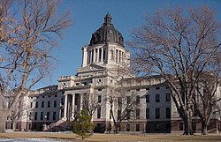 The South Dakota State Capitol building near the Missouri River in downtown Pierre.