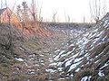 Blick nach Süden in den Graben des Turmhügels, Grabentiefe etwa zwei bis zweieinhalb Meter