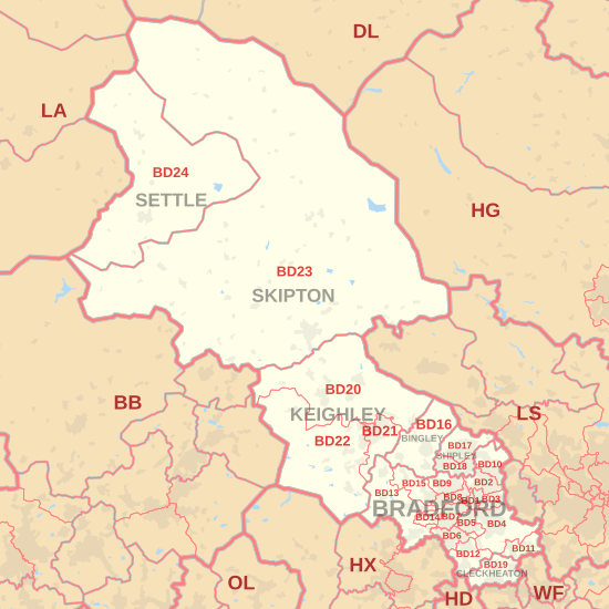 BD postcode area map, showing postcode districts, post towns and neighbouring postcode areas.