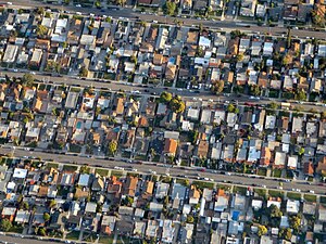 Aerial view of houses in Walnut Park in April 2024