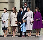 Birthday of King Carl XVI Gustaf – From left to right: Princess Sofia, Duchess of Värmland, Princess Madeleine, Duchess of Hälsingland and Gästrikland, Prince Daniel, Duke of Västergötland, Princess Estelle, Duchess of Östergötland, The Crown Princess and Queen Silvia of Sweden (30 April 2015)