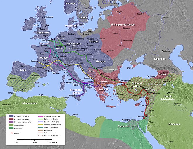 Carte représentant le parcours des différentes armées de la Première Croisade.