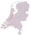 Locatie van de A3 tussen Amsterdam en Rotterdam zoals aangegeven op kaarten uit 1932 op een kaart met de huidige Rijkswegen.