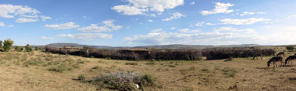 ’n Panoramiese uitsig op ’n Masai-dorpie, van buite gesien.