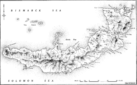 Black and white map of the island of New Britain, with key locations and features