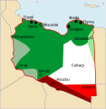 Image 53Territorial growth of Italian Libya: Territory ceded by Ottoman Empire 1912 (dark-green) but effectively Italy controlled only five ports (black), territories ceded by France and Britain 1919 and 1926 (light-green), territories ceded by France and Britain 1934/35 (red) (from History of Libya)