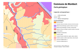 Carte représentant sous forme de secteurs de couleurs le zonage géologique d'un territoire.