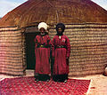 Zwei Turkmenen auf einem Halı-Hauptteppich mit den Güls des Tekke-Stamms (1905–1915)