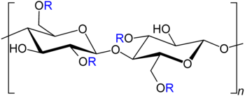 Strukturformel Carboxymethylcellulose (R = CH2COOH)