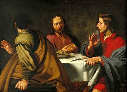 After Hendrick Bloemaert. Christ with his Two Disciples at Emmaus label QS:Len,"Christ with his Two Disciples at Emmaus" label QS:Lpl,"Chrystus z dwoma uczniami w Emmaus" label QS:Lnl,"Christus en de beide discipelen te Emmaus" 1625-1650. oil on panel medium QS:P186,Q296955;P186,Q106857709,P518,Q861259 . 93.5 × 128 cm (36.8 × 50.3 in). Rotterdam, Museum Boijmans Van Beuningen.