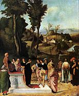 Giorgione Moses Trial, 89 × 72 cm.