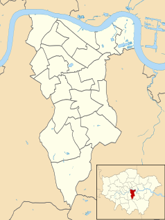 Mapa konturowa gminy Southwark, u góry po lewej znajduje się punkt z opisem „Imperial War Museum”
