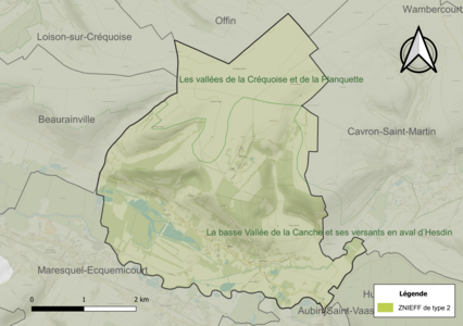 Carte des ZNIEFF de type 2 sur la commune.