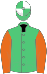 Emerald green, orange sleeves, emerald green and white quartered cap