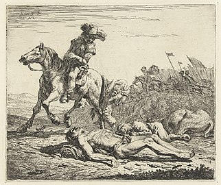 The Battlefield label QS:Lfr,"Le Champ de Bataille" label QS:Len,"The Battlefield" label QS:Lpl,"Pobojowisko" label QS:Lde,"Das Schlachtfeld" label QS:Lnl,"Het slagveld" 1652. etching print. 16.8 × 19.9 cm (6.6 × 7.8 in). Various collections.