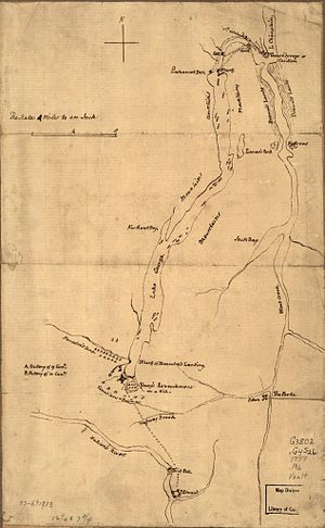 Fort Carillon is at the far northern end of the map, separated from Lake George by a short river with falls. There is a road or path leading from the fort to the northern end of the lake, with a sawmill at the first crossing. The map is labelled with mountains to either side of Lake George, which is long and narrow, extending about 3/4 the length of the map. At its southern end the fort is shown, with the French camp to the northwest, and the camp of Indians and Canadians over the road leading south toward Fort Edward. The latter is near the bottom of the map, on the Hudson River just below some falls.