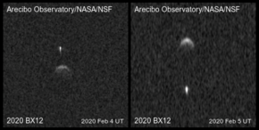 The satellite of 2020 BX12 appears as a small, elongated object separate from the asteroid in radar images.