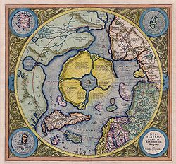 An arctic continent at the north pole, shielded by a ring of mountains, in this 1623 map, like the Greek Hyperborea or Tolkien's Valinor with its Pelóri mountain wall[34]