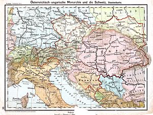 Österreich-Ungarn mit Cisleithanien (gelb), Transleithanien (rosa) und Bosnien-Herzegowina (orange), D. H. Lange: Volksschul-Atlas. 1899