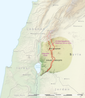 Carte du plateau du Golan partagé de facto entre Israël, la FNUOD et la Syrie.