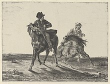 Lithographie. Un voyageur à cheval poursuivi par un autre cavalier.