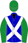 Blue, white cross-belts, green sleeves and cap