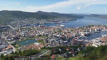 Foto einer am Meer gelegenen Stadt, mit einer dicht bebauten Landzunge, die in den Fjord hineinreicht