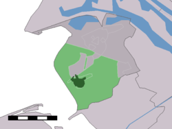 The town centre (dark green) and the statistical district (light green) of Rockanje in the municipality of Westvoorne.