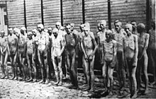 A group of some 25 naked, severely malnutritioned Soviet prisoners of war standing in three rows against a wooden wall.