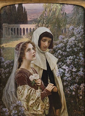 Dante és Beatrice a kertben, 1903, pre-rafaelita stílusú mű, Cesare Saccaggi da Tortona