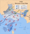 Fletxa rosa: direcció del vent del monsònic del sud-oest; fletxa verda: direcció del vent monsònic del nord-est.