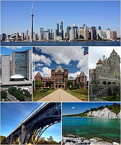 Từ bên trái phía trên: Khu trung tâm Toronto với tháp CN và khu tài chính nhìn từ quần đảo Toronto, tòa Thị chính, Tòa nhà Lập pháp Ontario, Casa Loma, cầu cạn Prince Edward, và vách Scarborough