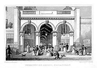 The Piccadilly entrance to the Burlington Arcade, 1819