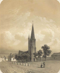 Église Notre-Dame-de-l'Assomption, lithographie de Thomas Drake, album vendéen, vers 1850.