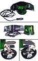 The parts and workings of a rotating light: Top The assembled beacon, including an optional mirror to be used when the beacon is placed in the windshield or rear window. Center The beacon, with the mirror removed. Bottom left and right The green dome of the beacon has been removed to show its rotating reflector, incandescent lamp, and electric motor.